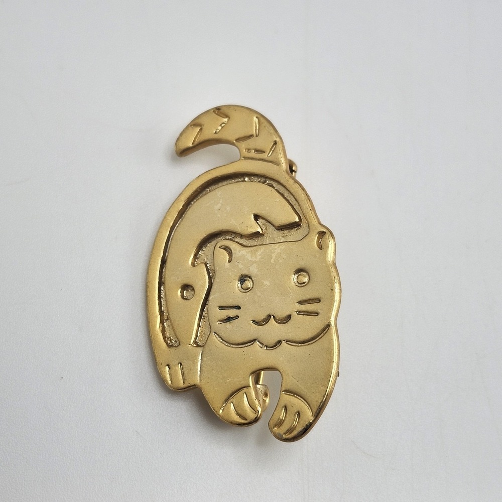 Vintage Cat Pin Brooch Gold‎ Tone Brushed Matte Kitten Kitty